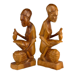 Vintage Large African Mahogany Figural Women Library Bookends - A Pair
