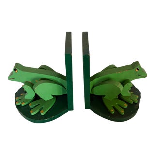 Pair of Handmade Wooden Frog Bookends For Sale
