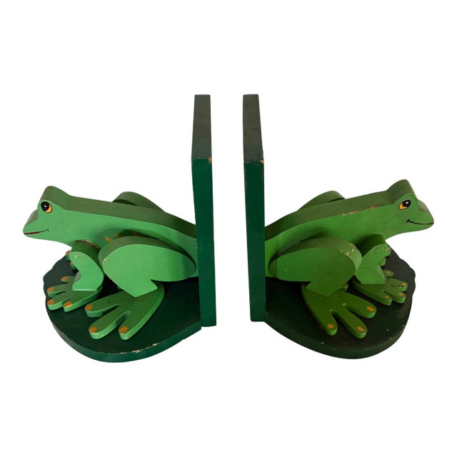 Pair of Handmade Wooden Frog Bookends For Sale