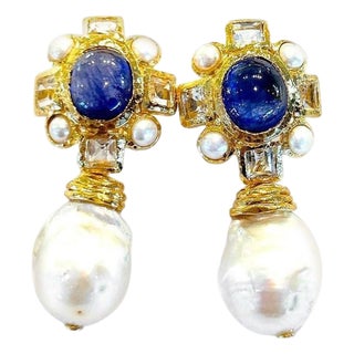 Bochic "Capri" Vintage Sapphire, Topaz & Pearl Earrings Set In 18K Gold & Silver, A Pair For Sale