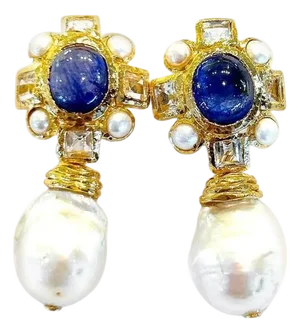 Bochic "Capri" Vintage Sapphire, Topaz & Pearl Earrings Set In 18K Gold & Silver, A Pair