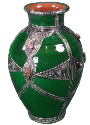 Late 20th Century Moroccan Silver Inlaid Ceramic Vase