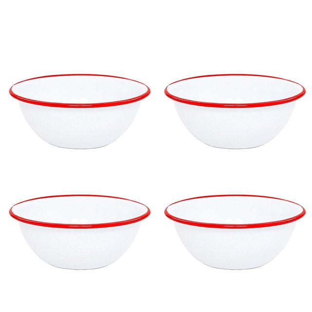 Crow Canyon Home Enamelware, Vintage 20 oz. Cereal Bowls in White with Red Rim - Set of 4 For Sale In San Francisco - Image 6 of 6