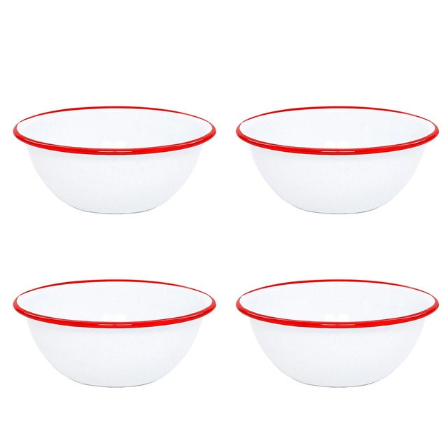 Crow Canyon Home Enamelware, Vintage 20 oz. Cereal Bowls in White with Red Rim - Set of 4 For Sale In San Francisco - Image 6 of 6