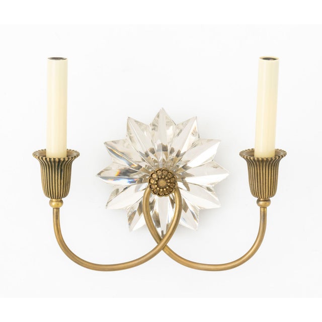 Pair of Hollywood Regency Style Crystal and Brass Wall Sconces, J. Randell Powers for Visual Comfort, each with starburst...
