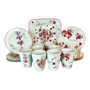 1990s Vintage Art Nouveau Boho Chic Valentine’s Day Dessert Dinnerware - 17 Piece Set.