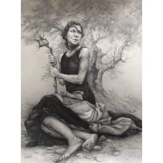 Incantation by Mary Carroll | Ballpoint Pen and Graphite on Paper Woman seated with a branch near a tree. For Sale