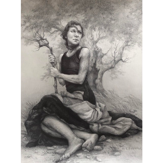 Incantation by Mary Carroll | Ballpoint Pen and Graphite on Paper Woman seated with a branch near a tree. For Sale