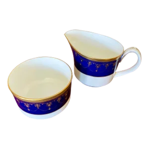 1980s Royal Worcester Imperial Bone China Gold Cobalt Blue Cream Jug & Sugar Bowl- 2 Pieces