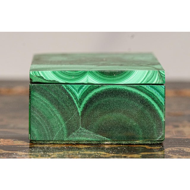 Striking Pattern Hand Polished Antique Malachite Stone Jewelry Trinket Box For Sale - Image 10 of 12