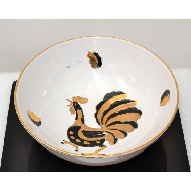 Vintage Italian Signed and numbered decorative Serving Bowl in white Ceramic with hand painted Rooster in Gold & Black....