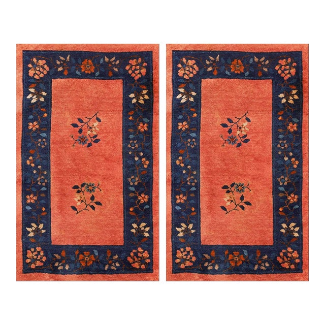 1920s Pairs Orange Field Orange Antique Chinese Peking Knotted Wool Small Rugs For Sale