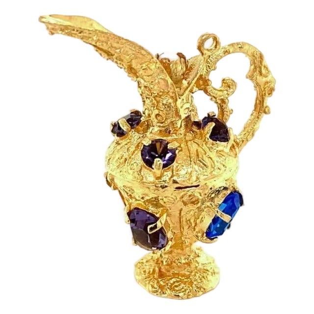 Mid 20th Century Amethyst & Sapphire 14k Yellow Gold Water Jug Charm Pendant For Sale