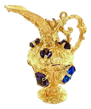 Mid 20th Century Amethyst & Sapphire 14k Yellow Gold Water Jug Charm Pendant
