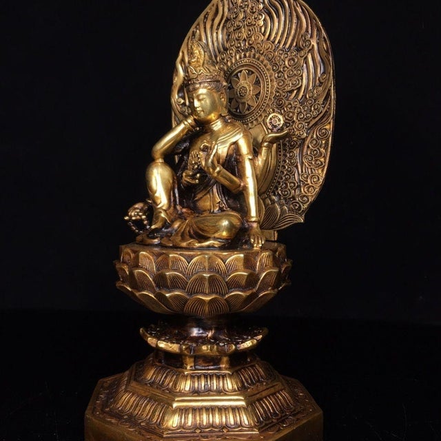 Asian Late 20th Century Gilt Bronze Avalokiteshvara Statue Seated Guanyin Deity 12" For Sale - Image 3 of 9
