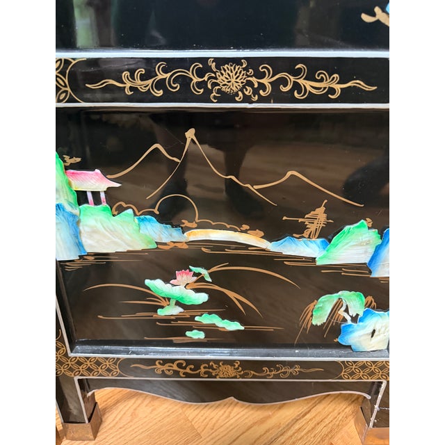 Black Vintage Chinese Black Lacquer 4-Panel Folding Screen Room Divider - Soapstone & Mother-of-Pearl Inlay For Sale - Image 8 of 18