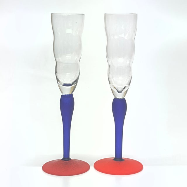 Glass Postmodern Memphis Style Tall Glass Champagne Flutes Attributed to Kosta Boda Circa 1980s - Set of 6 For Sale - Image 7 of 8