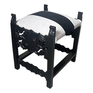 Late 19th Century Italian Neo-Renaissance Style Bench Carved Wood and Linen Blend and Velvet For Sale