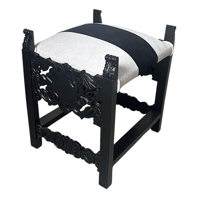 Late 19th Century Italian Neo-Renaissance Style Bench Carved Wood and Linen Blend and Velvet For Sale