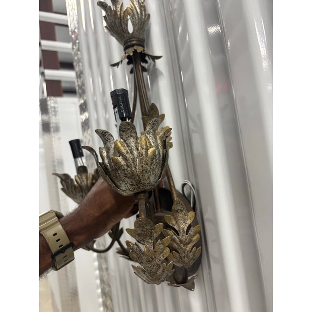 Ornamental & Decorative Materials Silver-Leaf and Copper Tone Metal Two Arms Wall Sconces - Set of 2 For Sale - Image 7 of 9
