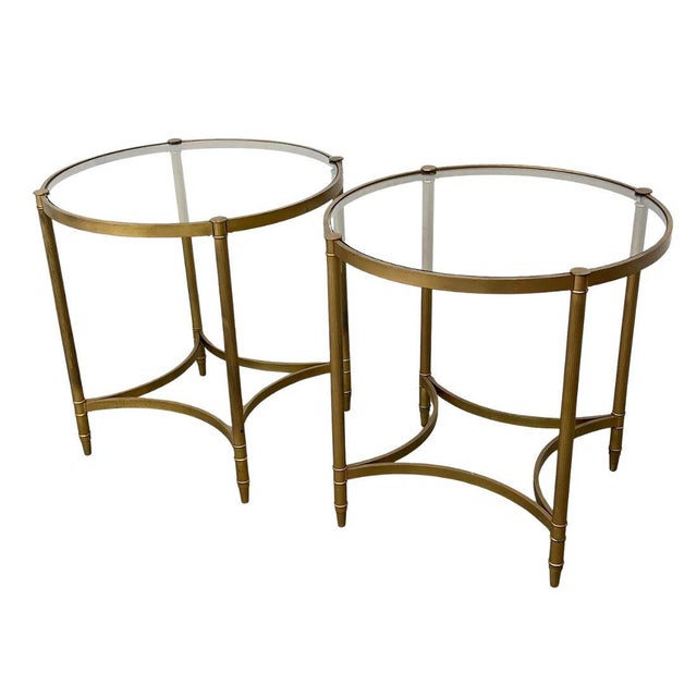 Neoclassical Pair of Neoclassical Style Gilt Metal and Glass Side Tables For Sale - Image 3 of 4
