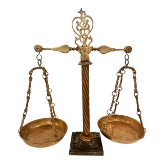 Mid-Century Italian Solid Brass 22” Balance Scale on Black Marble Base For Sale