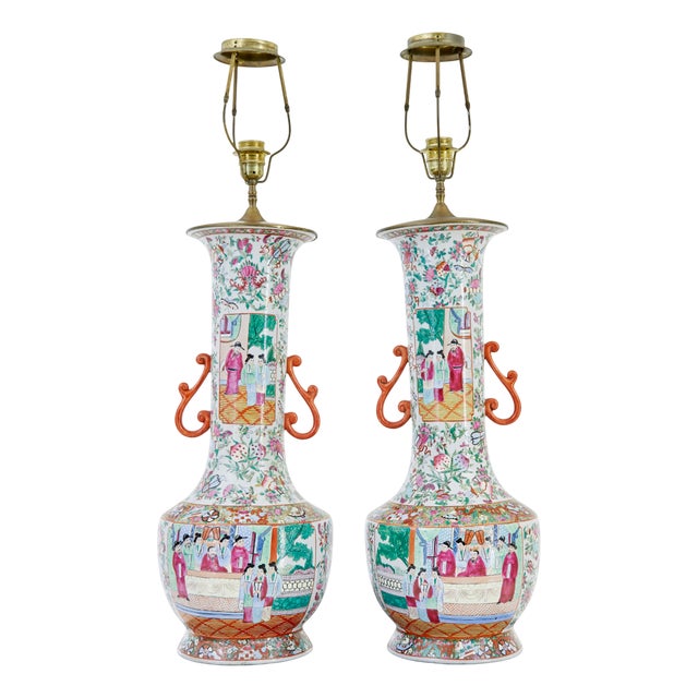 Large Chinese Cantonese Vase Lamps, 1910, Set of 2 For Sale