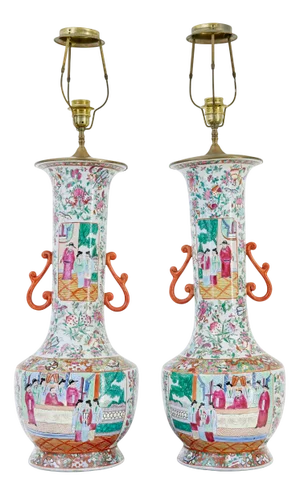 Large Chinese Cantonese Vase Lamps, 1910, Set of 2