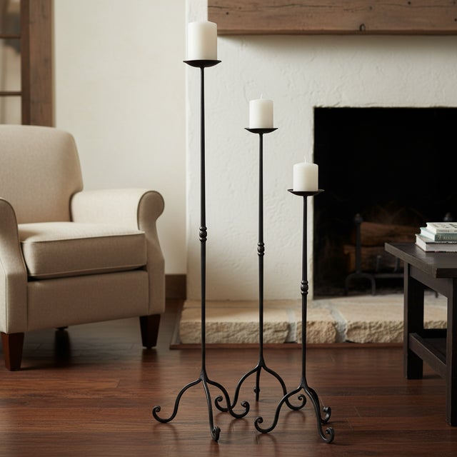 Hand Forged Iron Candelabra Set of 3 (92-112cm) Antique Copper Finish Straight Stem with French Scroll Base For Sale - Image 4 of 7