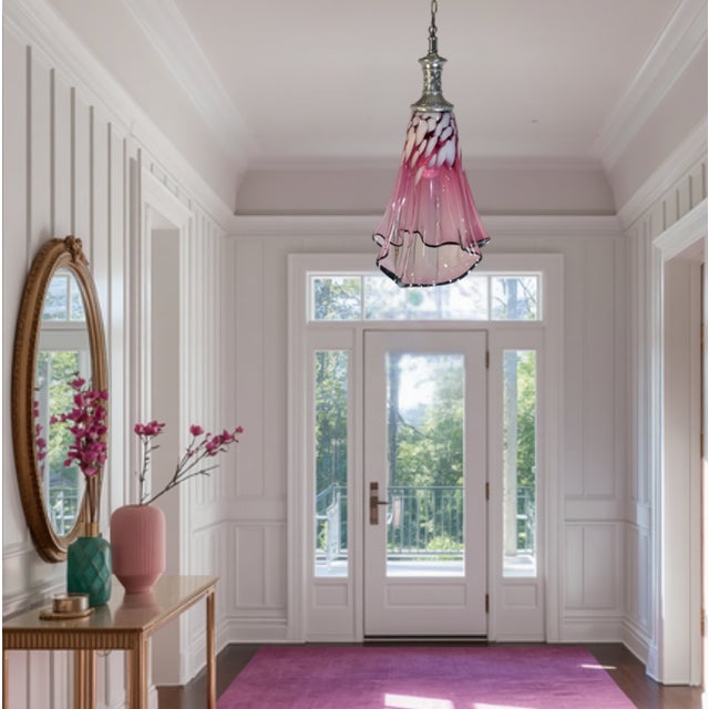 Large Fazzoletto Art Glass Raspberry Pink White Oval Pattern Pendant Light Signed For Sale - Image 11 of 18