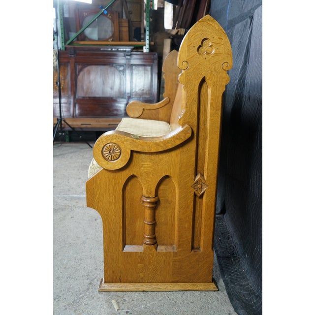 2 Antique Gothic Revival Quartersawn Oak Carved Church Pews Deacon Bench Pair For Sale - Image 16 of 18