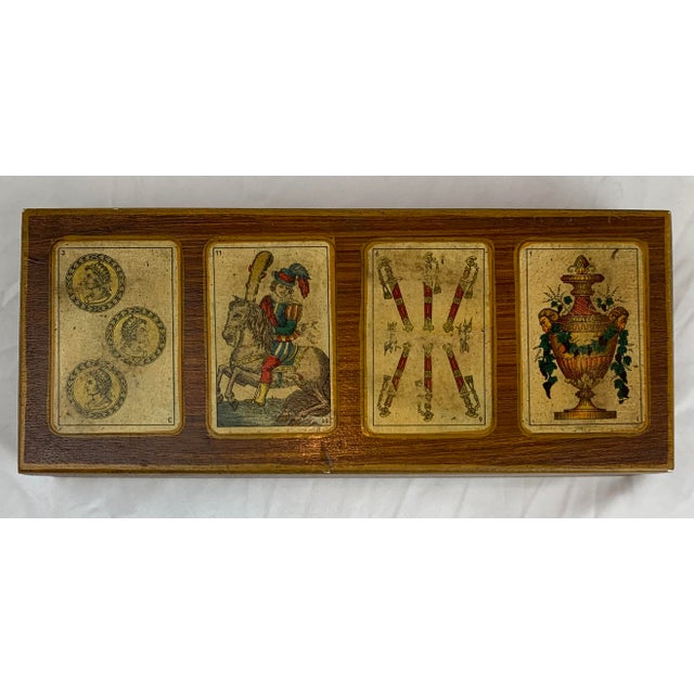 Late 19th Century Antique Italian 'playing card' lidded wood box. The lid has four antique playing cards mounted on the...
