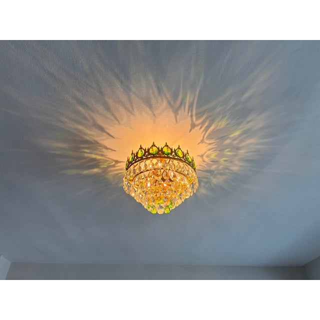 Vintage Emerald Green & Clear Crystal Crown Flush Mount Chandelier – 3 Light For Sale - Image 12 of 17