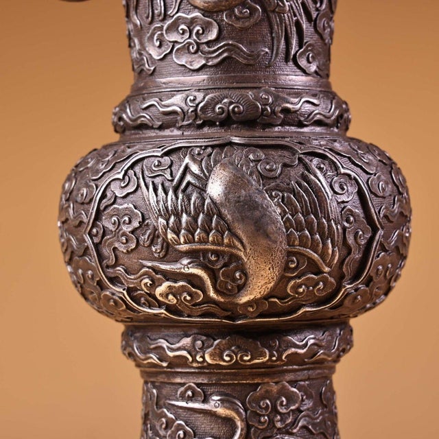 Metal Bronze Vase With Silver-Inlaid Crane Motif - Altar Flower Vase For Sale - Image 7 of 10