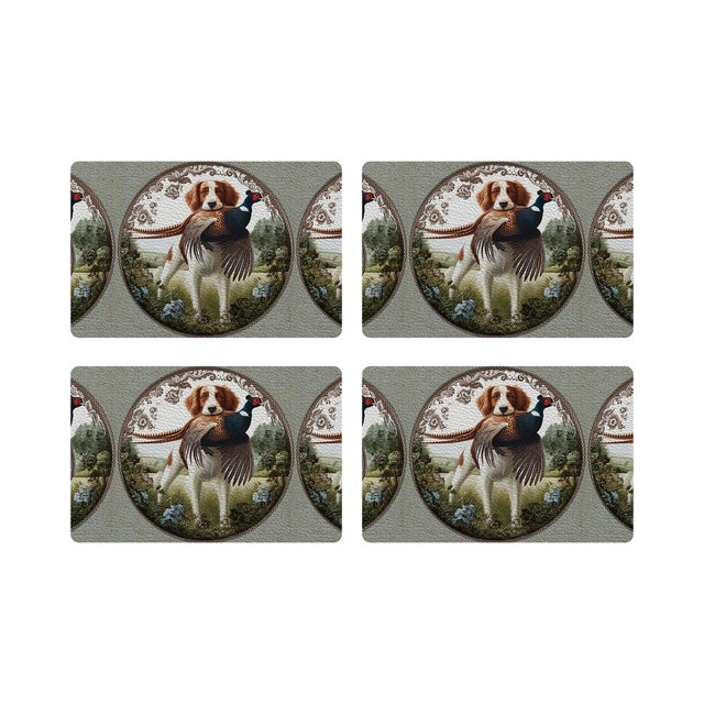 Woodland Hunting Dog Vegan Leather Rectangle Pebble Placemat, Set of 12 For Sale - Image 4 of 5