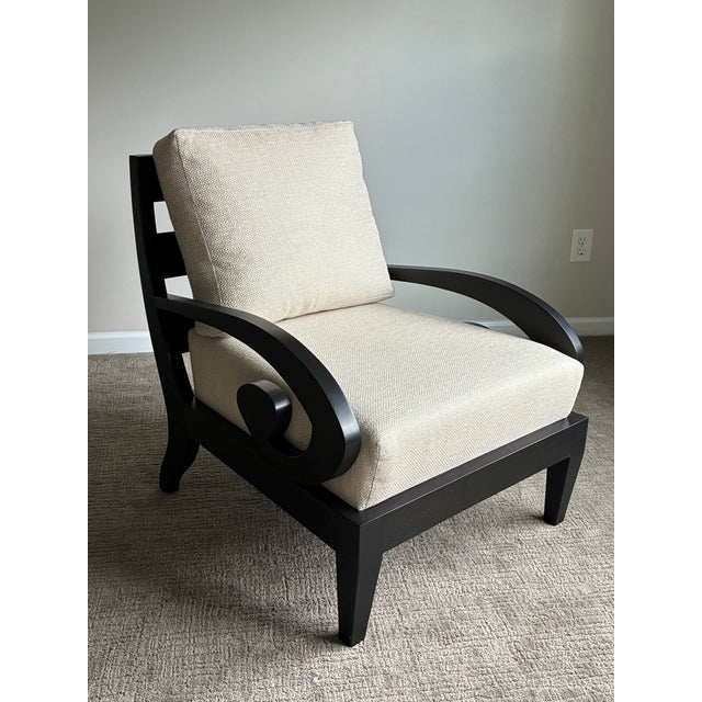 Pair of Late 20th Century Scroll Arm Lounge Chairs in Ebonized Wood For Sale In Charlotte - Image 6 of 7