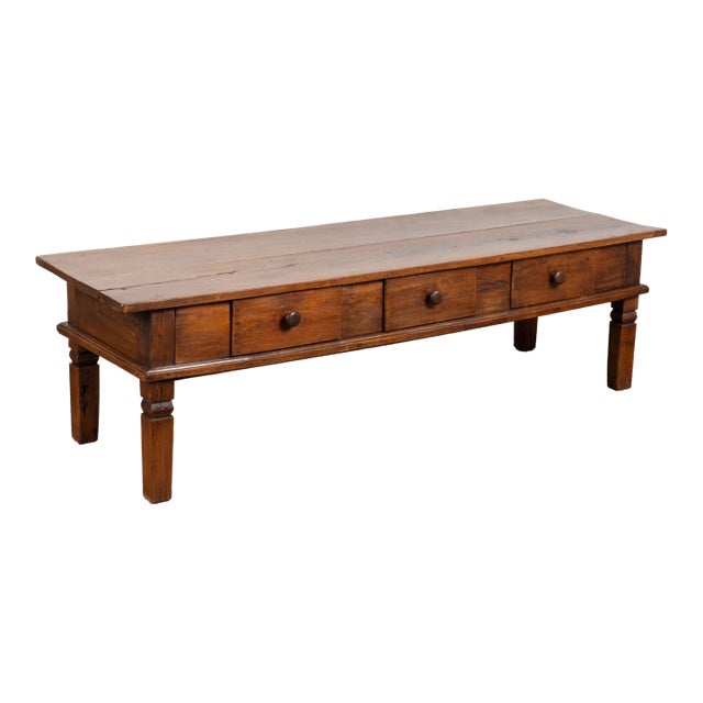 19th-Century French Walnut Coffee Table With Three Drawers For Sale