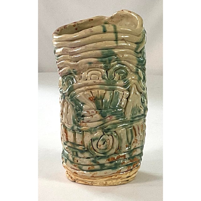 Vintage studio, art, pottery, glazed vase – featuring an exposed coil rope wrap design in a brutalist style Constructed...