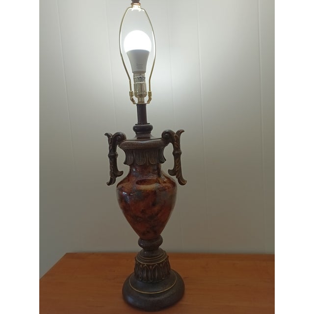 Amber 1990s Tuscan Marbled Amber & Bronze Scroll Table Lamp — Old World Revival For Sale - Image 8 of 17