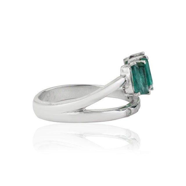 925 Silver Three-Stone Emerald Ring With Diamond Accents, Size 6 For Sale - Image 9 of 12
