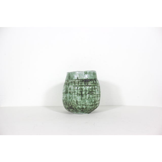 Vintage Textured Green Pottery Vase For Sale - Image 10 of 12