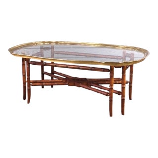 Vintage Faux Bamboo Brass Glass Tray Coffee Table by Baker Furniture Hollywood Regency Chippendale For Sale
