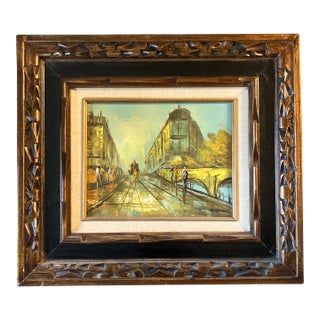 1950’s Original Paris Street Scene Painting Chunky Carved Wood Frame For Sale