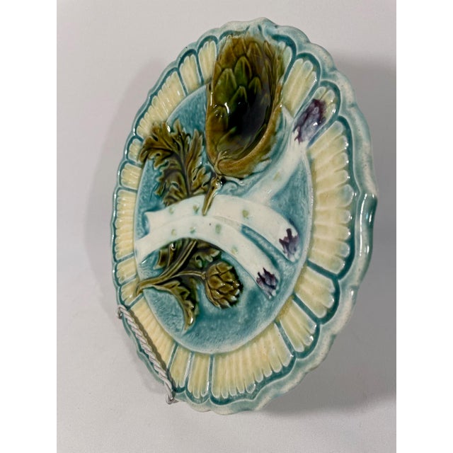 Turquoise 1890s Antique French Salins Majolica Asparagus Plate For Sale - Image 8 of 14