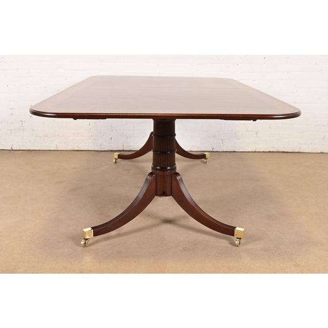 Baker Furniture Stately Homes Georgian Banded Mahogany Double Pedestal Extension Dining Table, Newly Refinished For Sale - Image 11 of 14