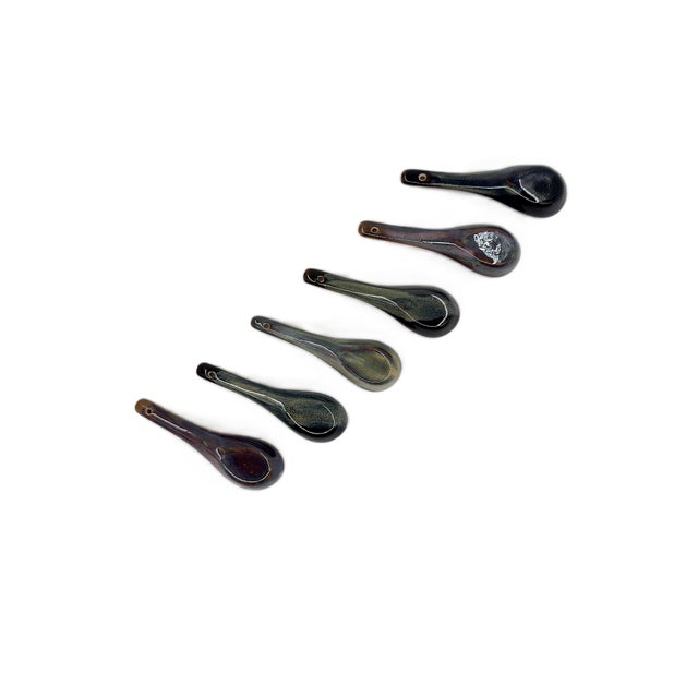 Ceramic Asian Modern Vietnamese Ceramic Soup Spoons Hand Painted in Multicolor Stoneware - Set of 6 For Sale - Image 7 of 8