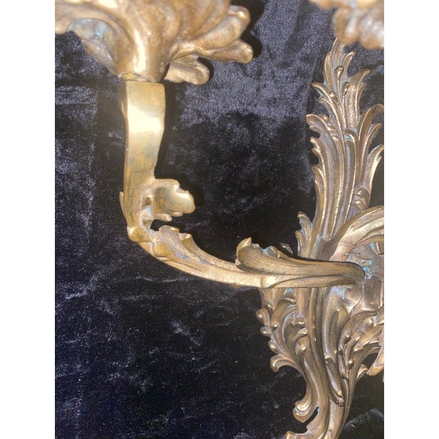 1920s Bronze Sconces Baroque Rococo Louis XV French Style Acanthus Leaf Forms 3 Candle Burning For Sale - Image 10 of 10