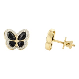 Exquisite 1.08 CTW Black Onyx Diamond Butterfly Stud Earrings- A Pair For Sale