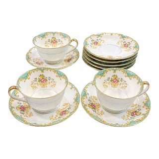 1930s Noritake Tiffany Porcelain Teacups & Saucers – 3 Cups & 8 Saucers For Sale