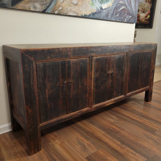 Wood Antique Chinese 4 Door Sideboard Blackened Elm Credenza For Sale - Image 7 of 8
